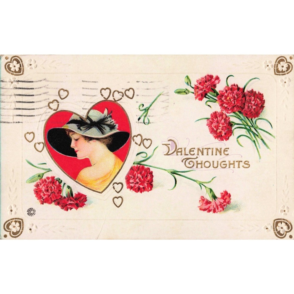 Vtg 1922 Stecher Litho Valentine Thoughts Postcard RPPC Woman Heart Carnations - Picture 1 of 2